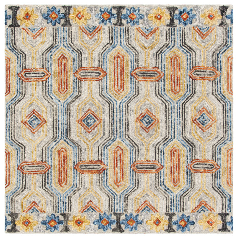 Rubalcava Hand Tufted Wool And Cotton Geometric Rug, Square 4'