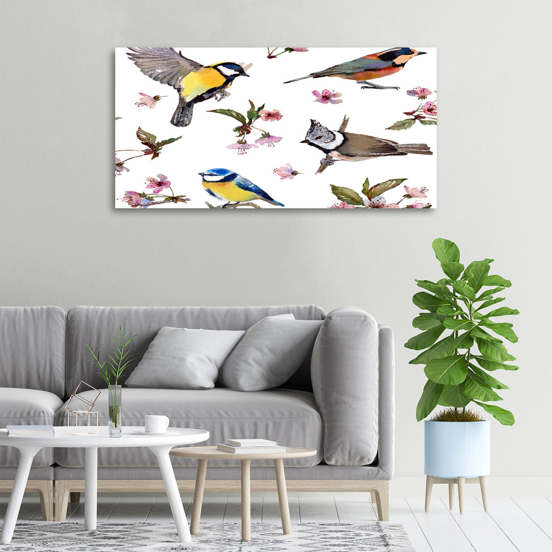 Birds Cherry Blossoms - No Frame Print on Canvas