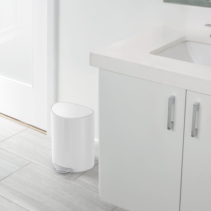 simplehuman 6 Litre / 1.6 Gallon Semi-Round Bathroom Step Trash Can, White Steel