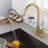 Pull Down In Touch - Enabled Kitchen Faucet, Single Lever To Manage Water Temperature And Flow, High Arc Nozzle Rotating 360, Brushed Gold Stainless Steel With Corrosion Finish, Aerators For A Bubble