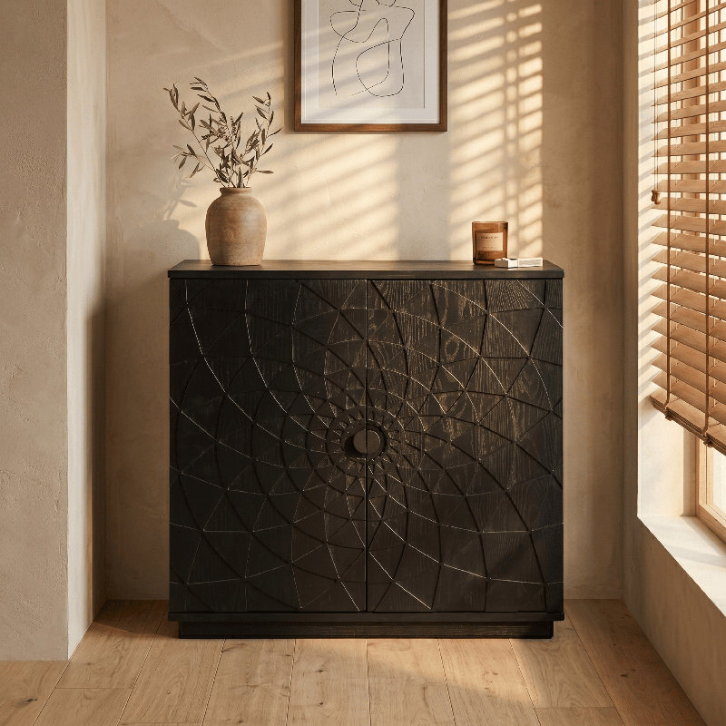 NTC BLOOM 2-Door Storage Cabinet, Solid Wood Designer Accent Cabinet with Hand-Carved Geometric Pattern Doors, Modular & Expandable Storage System for Living Room, Burnt Black