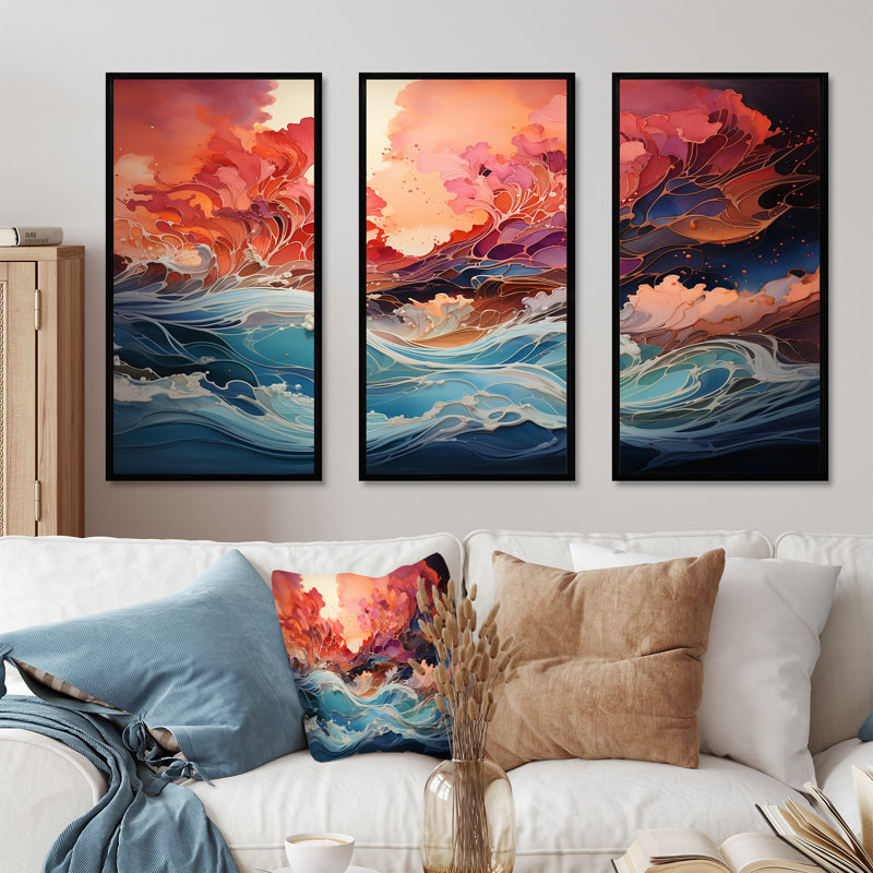 Japon, océan tempête paysage I - ensemble d'art mural tempêtes, Cadre flottant noir, H 32 po x l 48 po x P 1 po