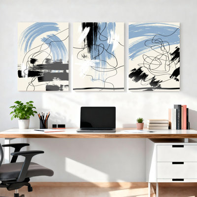 Ensemble de 3 toiles abstraites, style coups de pinceau et lignes, pour la décoration du salon, de la chambre ou du bureau.