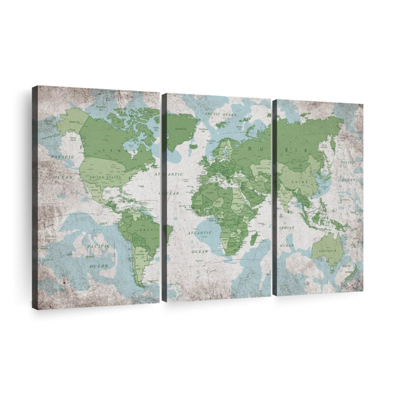 "Géographie du monde carte V", ensemble de 3 reproductions sur toile par Globetrotter Studio, H 24 po x l 38 po x P 1,25 po