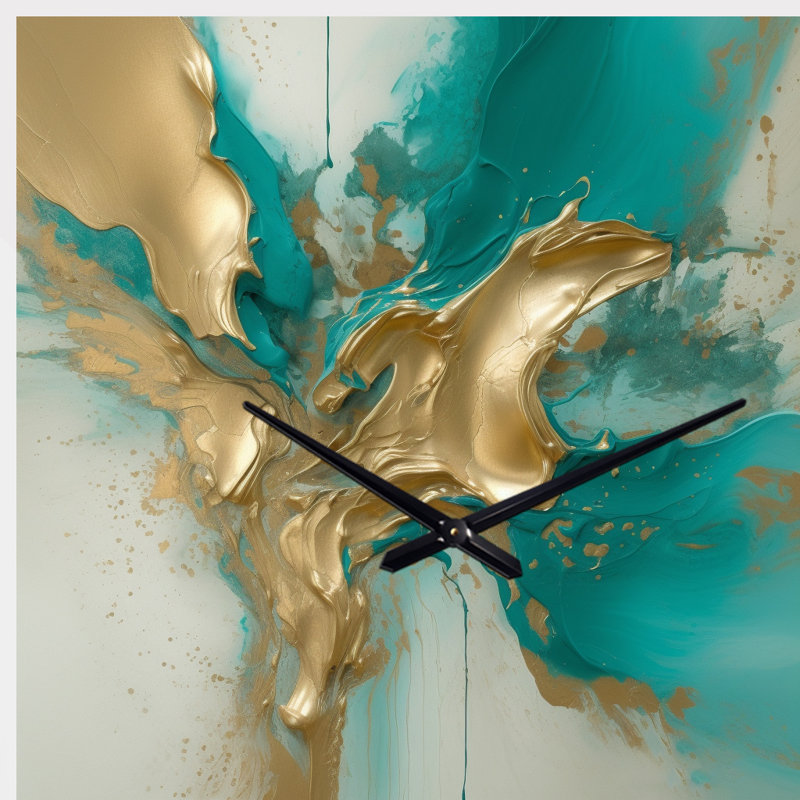 Horloge murale or et turquoise, encre fluide en marbre II - forme unique en métal, horloge murale asymétrique moderne, Petit