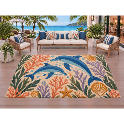 Tapis d'extérieur Dolphin 5' x 7', épais, solide, imperméable, en PVC bouclé, tapis de patio robuste, tapis intérieur/extérieur à séchage rapide pour porche, terrasse, balcon, entrée, camping-car.