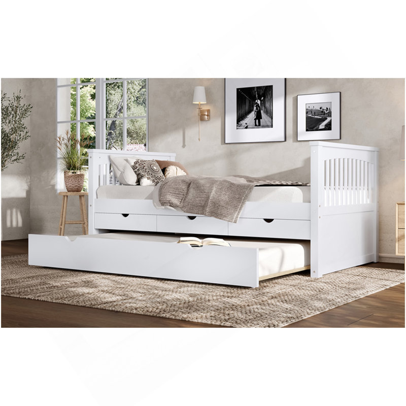 Lit plateforme simple avec tiroirs et lit gigogne, lit de jour en bois, sans sommier, blanc, Blanc cassé