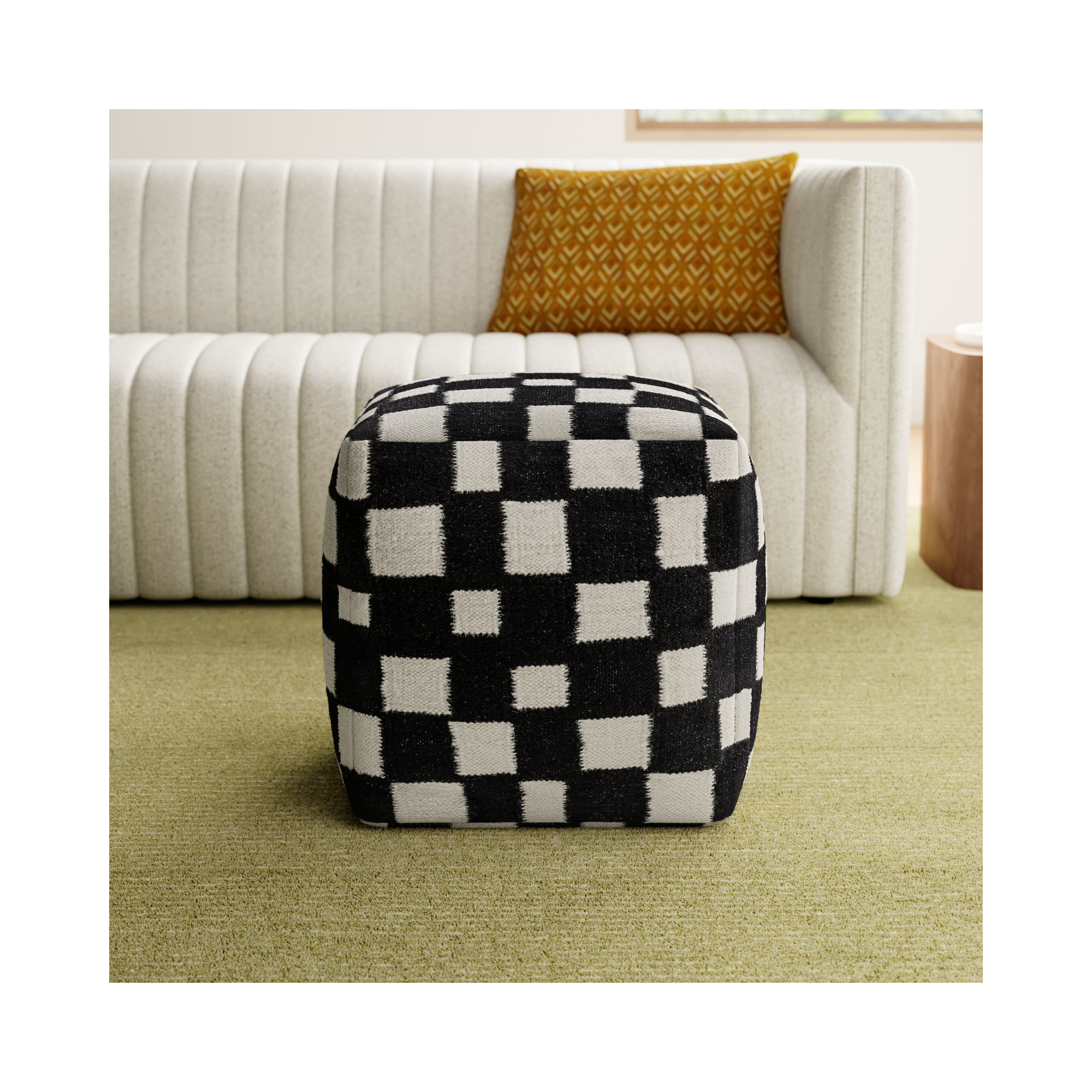 Gwennie Upholstered Pouf, Black/White Wool/Cotton Blend