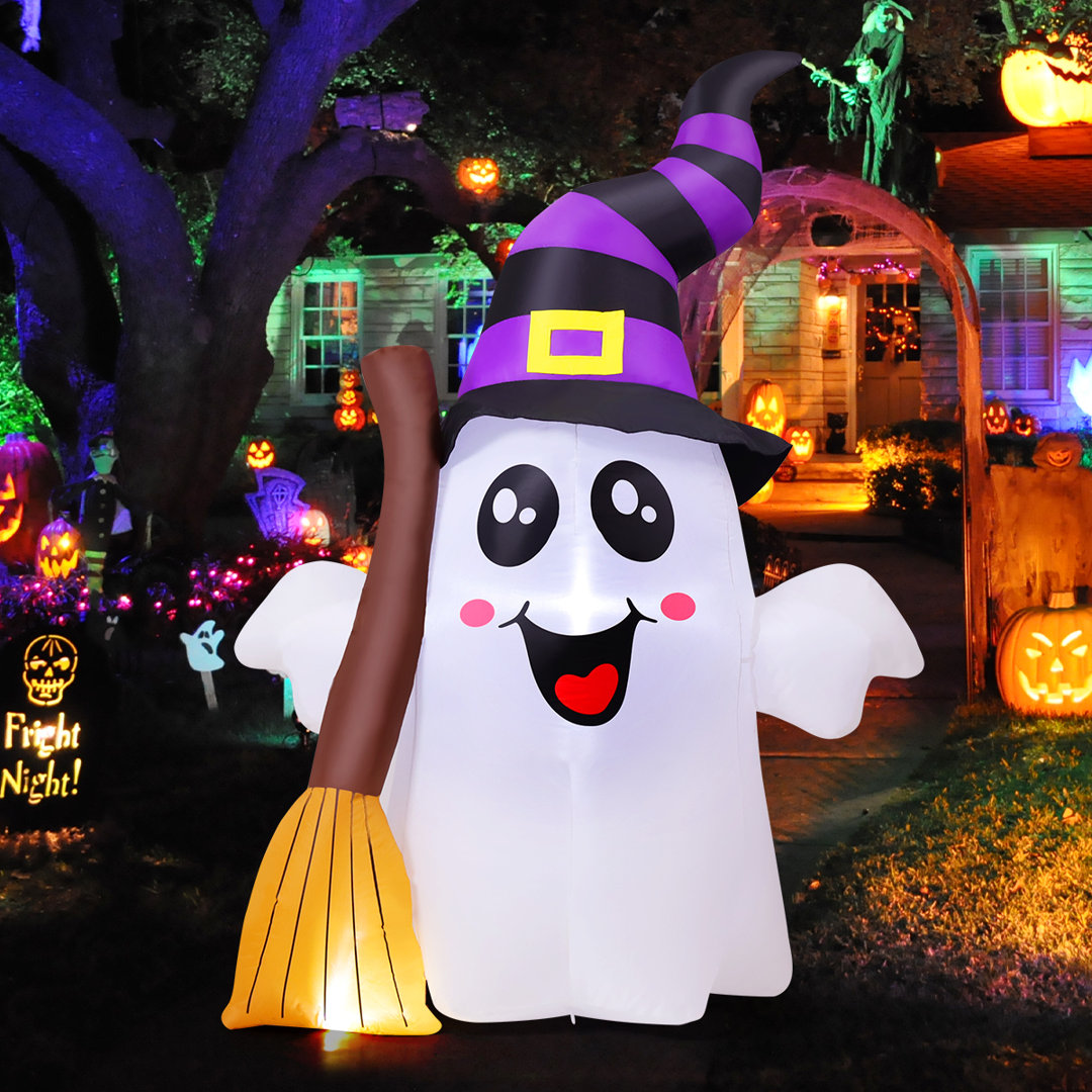 Halloween Inflatables 6.2 FT Tall Halloween Ghost Inflatable Cute Ghost Holding Broom with Built-in LEDs The Holiday Aisle®