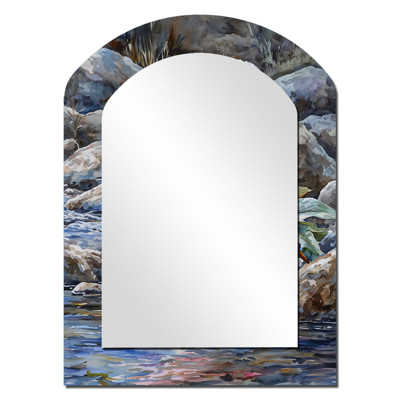 Pe pivoines et la rivière de la montagne I - miroir en arc de pivoines, miroir mural asymétrique rose unique, 34 po x 25 po