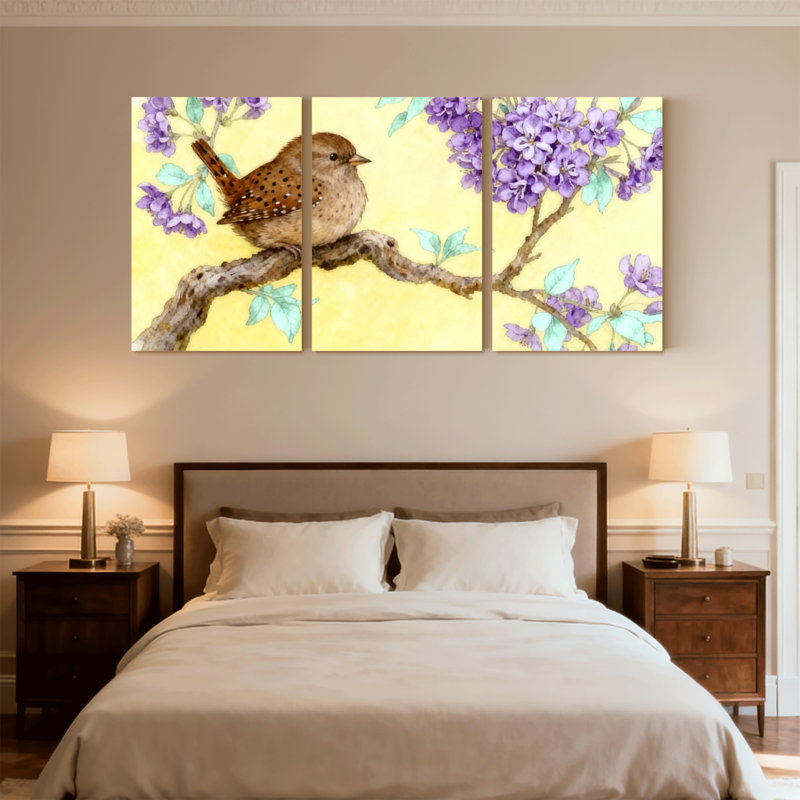 Oiseaux perchés sur une branche avec fleurs mauves, ensemble de 3 impressions sur toile, H 24 po x l 48 po