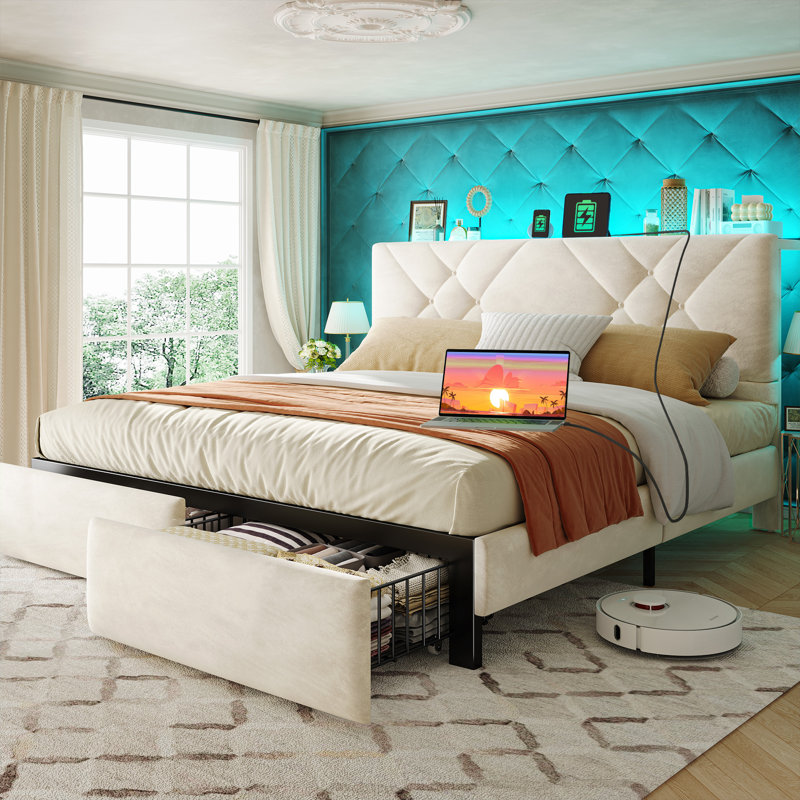 Velvet Upholstered Queen Bed Frame With Adjustable Headboard And Led Light, Platform Bed Frame With 2 Storage Drawers And Charging Station