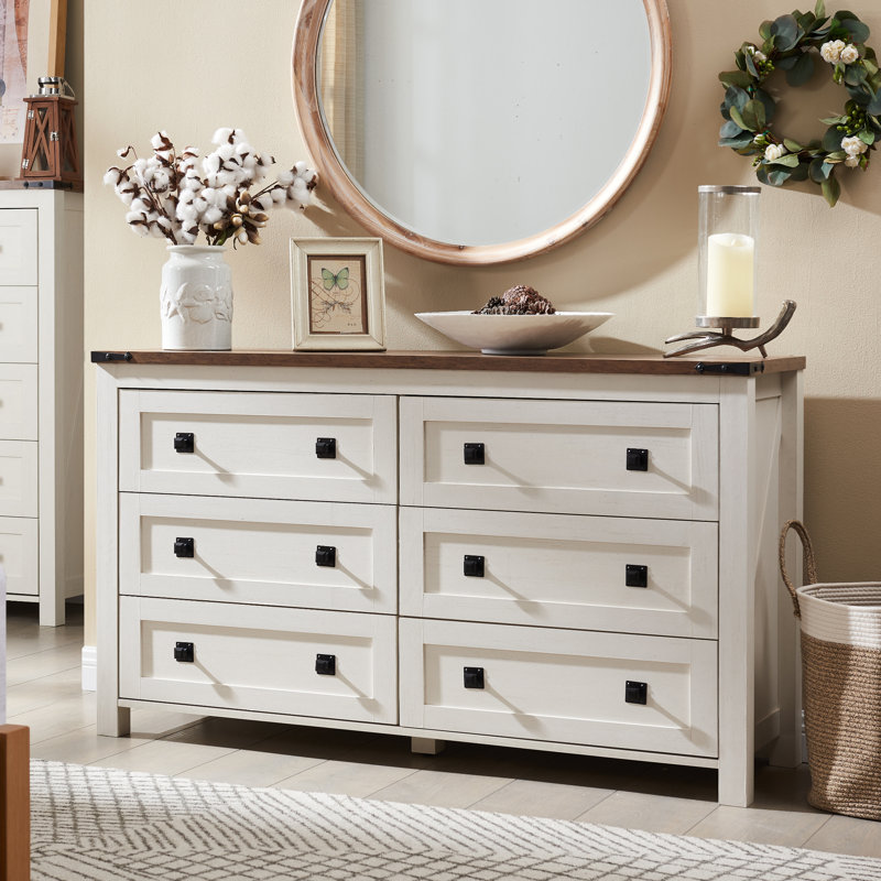 Grantville Farmhouse 6 - Drawers Double Dresser, Antique White/Brown Oak