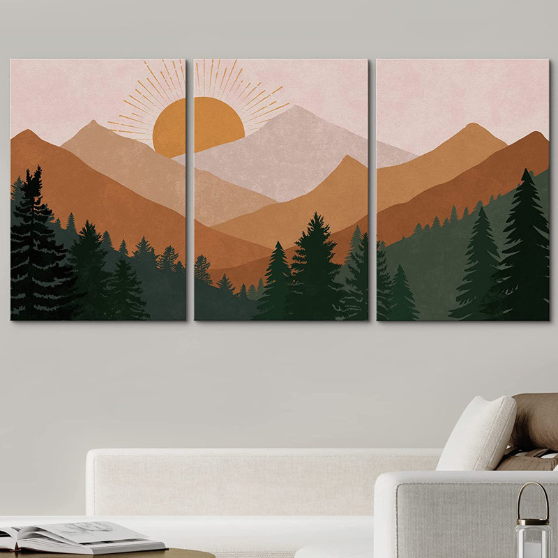 «Pastel Rising Sun Mountain Forest Abstract Nature», ensemble de 3 impressions, Toile tendue, H 36 po x l 72 po, Sans cadre