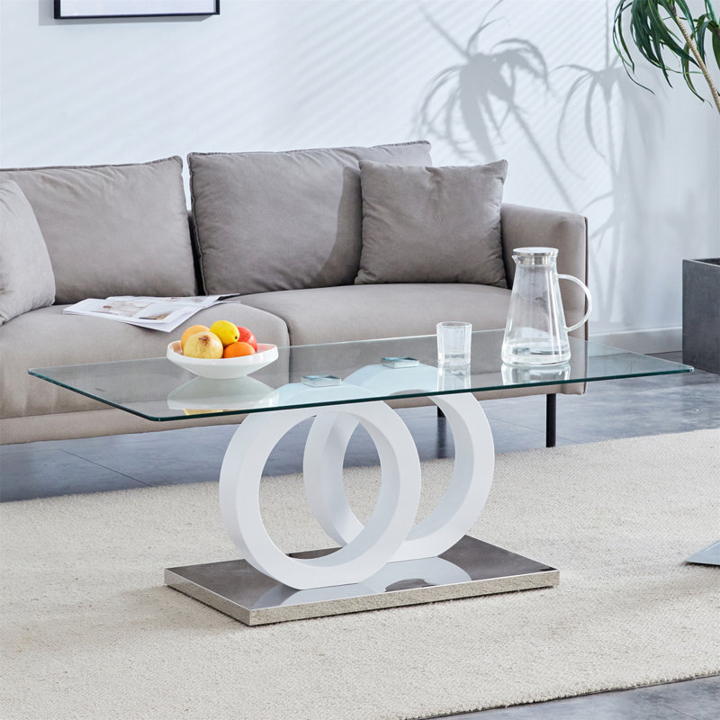 Modern Glass Top Coffee Table with Wooden Base - Minimalist Living Room Center Table, White, 27.56" L