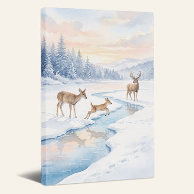 Aquarelle, famille de cerfs sautant par-dessus un ruisseau, art mural sur toile de Noël