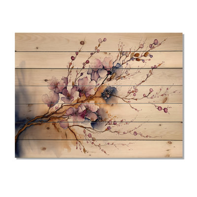 Rose et prune branche de cerisier en fleurs III - Paysages, décoration murale en bois sur bois de pin naturel
