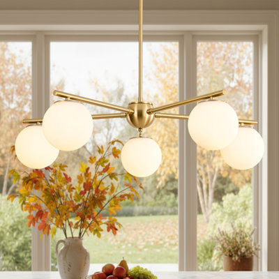 Lustre spoutnik moderne en laiton 5 lumières avec globes en verre opale (35,4 po)