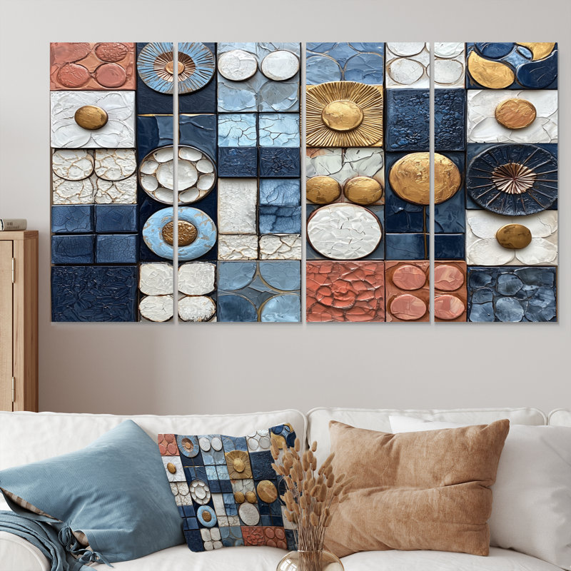 «Abstract Blue and White Rhythms Tiles III», ensemble d'art mural abstrait, H 32 po x l 64 po