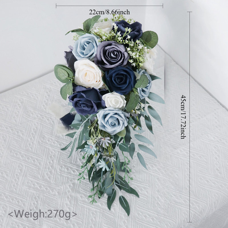 Bouquet de mariage en cascade bleu poussiéreux, bouquet de mariée cascade en soie avec fleurs d'orchidées, Bleu cendré