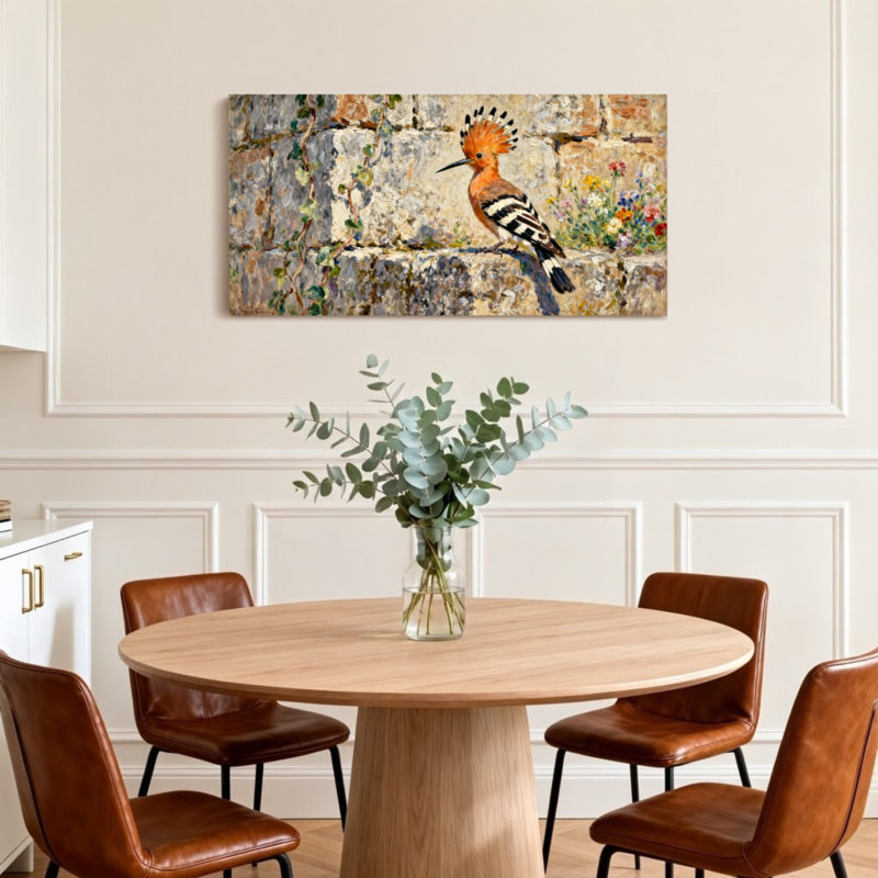 Animaux, oiseau coloré sur un mur de pierre avec des fleurs, H 24 po x l 48 po