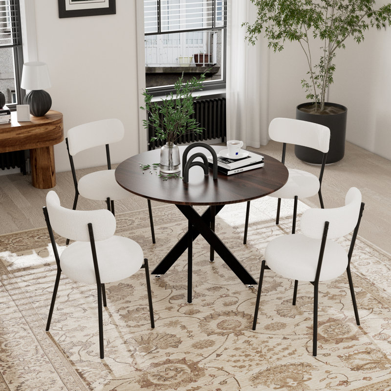 Round Pedestal Dining Set with Teddy Dining Chair, 6, White/Black,  Walnut