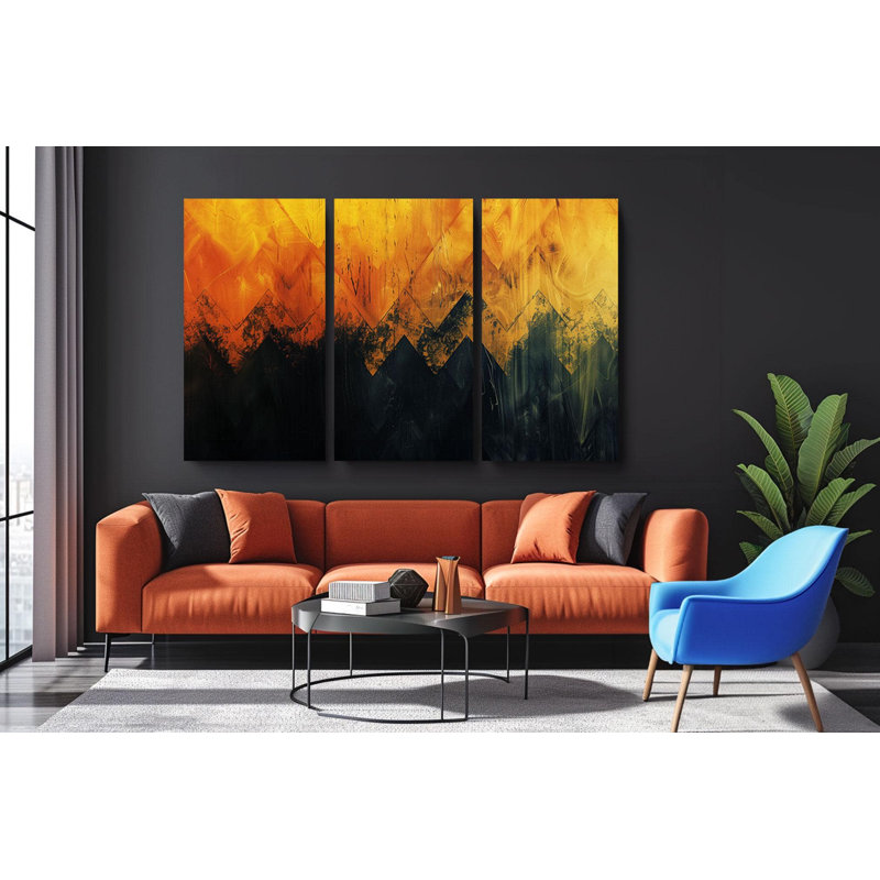 Art mural sur toile Triptych - ensemble de toiles abstraites Fiery Triptyque - art mural géométrique orange noir audacieux pour les intérieurs modernes