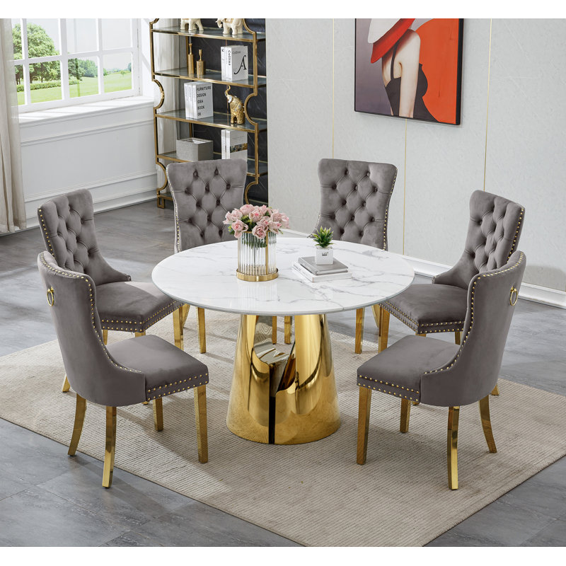 Dining Table Set, 45" Round Marble Dining Table with Velvet Dining Chairs, Circle Kitchen Table Set with Base, Dining Room Table and Chairs Set