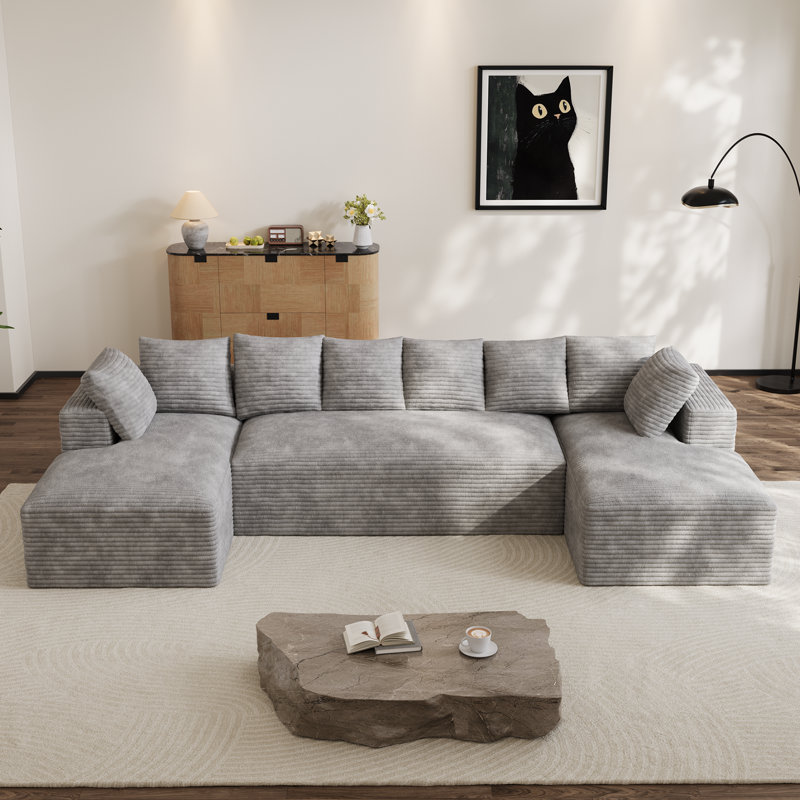 Canapé modulaire surdimensionné avec coussins Adame Boneless Compression, Velours côtelé gris, En form de U, Face à la gauche