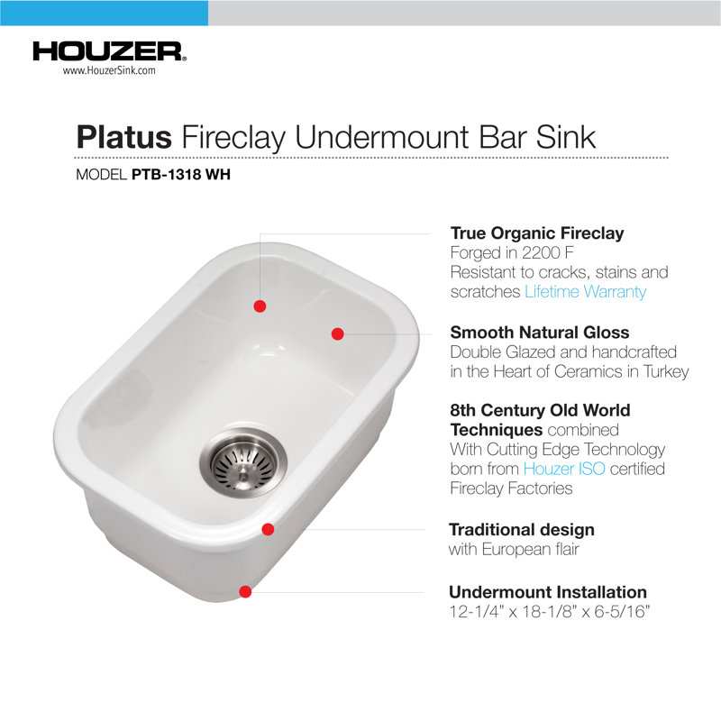 Houzer Platus 13 in White Fireclay Undermount Bar Sink with Strainer and Grid - PTB-1318 WH-C