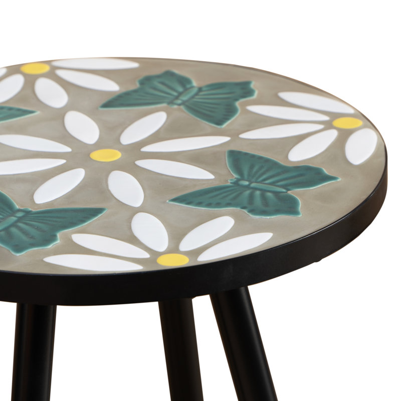 Plateau de table rond en céramique Onyx, Mosaïque blanche / papillon et marguerite