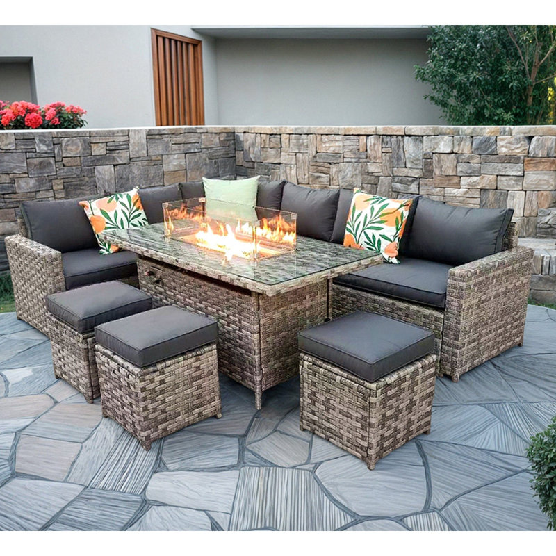 Ayeasha Rectangular 9 - Person Comer Sofa Set With Fire-Pit Dining Table with Cushions Rain Cover, Grey, Beige
