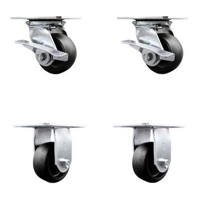 4 Piece Glass Filled Nylon Caster Set with Roller Bearing 2 Brakes and 2 Rigid