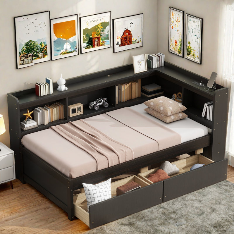 L-shaped Daybed With Bookcases, Charging Station And Two Drawers, Twin, Espresso