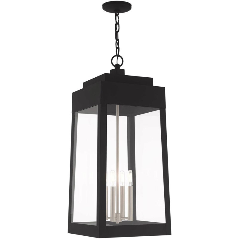 Lanterne suspendue d'extérieur 13,75 pouces 4 lumières noires avec abat-jour en verre transparent