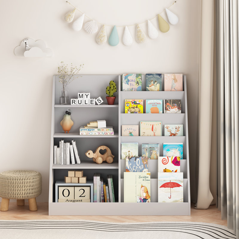 Multifonctionnel bibliothèque à 4 niveaux avec rangement pour bibliothèque (gris), Gris