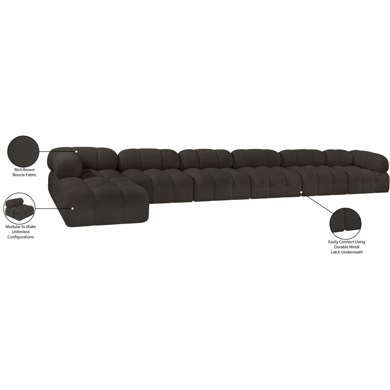 Ames Upholstered Sofa, Brown Boucle Fabric, 4 Armless, 2 Corner, 1 Ottoman