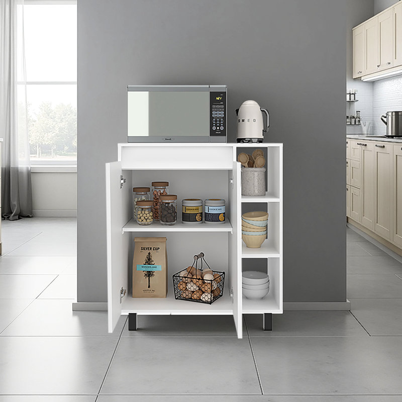 Garde-manger autoportant blanc avec rangement intégré et surface pour micro-ondes, armoire à 2 portes, 3 tablettes latérales, idéal pour la salle à manger, conception moderne, fabrication de panneau de particules, ouverture profonde de 16,28 po