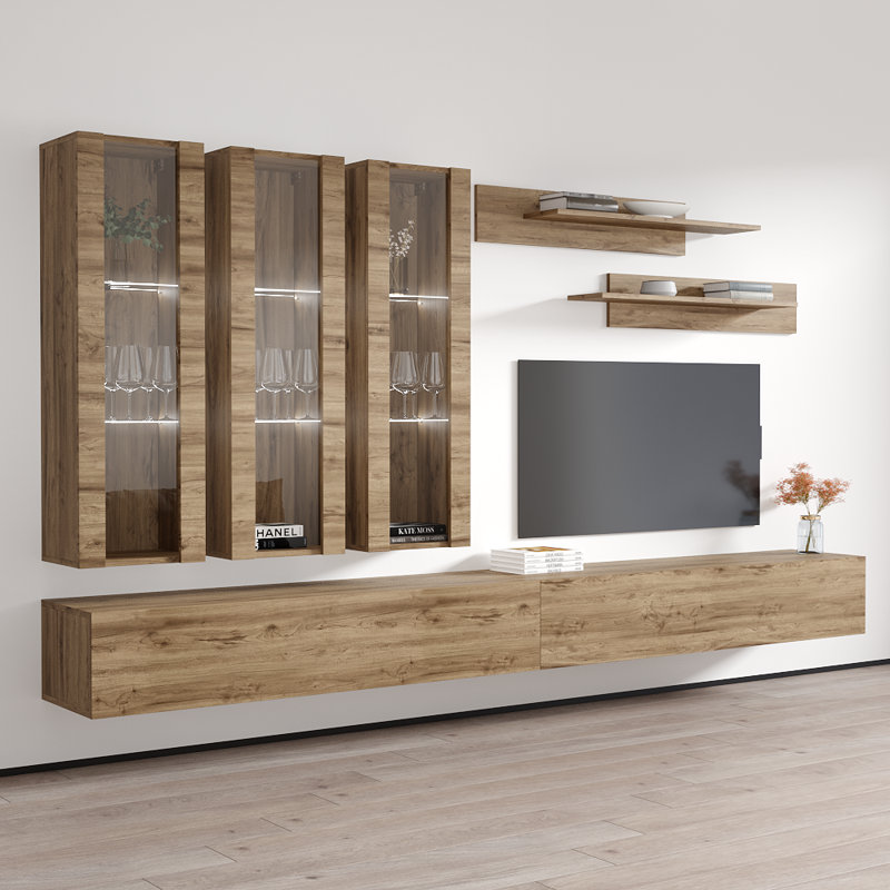Vredenburgh 126" Modern Floating Wall Mounted Entertainment Center with 16-Color LED Lighting, High Gloss Finish, Oak