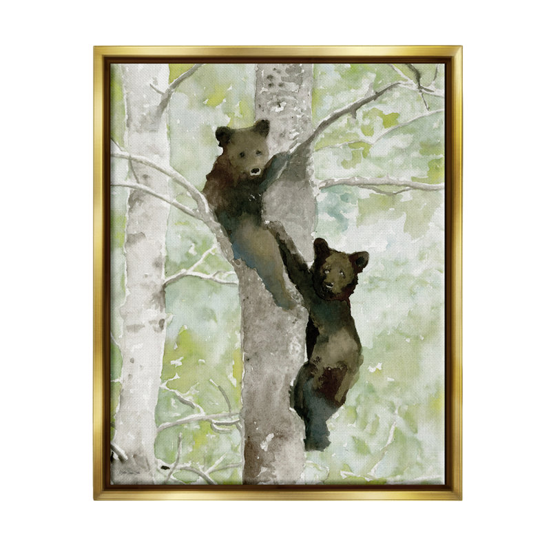 Bear Cubs Climbing Tree Nature - impression, H 31 po x l 25 po x P 1,7 po, Cadre flottant métallique doré