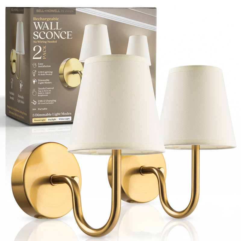 Ensemble de 2 appliques murales rechargeables Bell + Howell avec abat-jour en tissu et intensité variable - doré, Doré