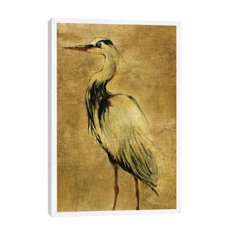 Gold Crane At Dusk II - Painting on Canvas, 101.6 cm H x 66.04 cm W, White Framed