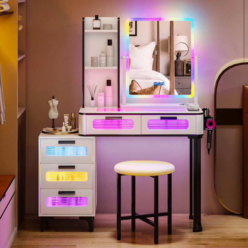 Dressing Table with Human Sensor RGB Lights, Tempered Glass Top, and Quick-Charging Station, White/Black