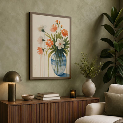 Carnations in Cream and Coral Botanical - Wrapped Canvas