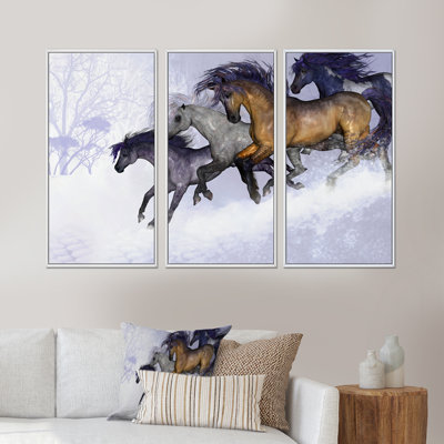 «Galpping Horses In The Winter», ensemble d'art mural sur toile traditionnel encadré de 3