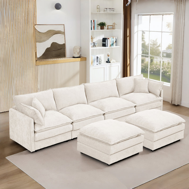 Canapé rembourré Cloud, canapé modulaire en U avec repose-pieds, Blanc