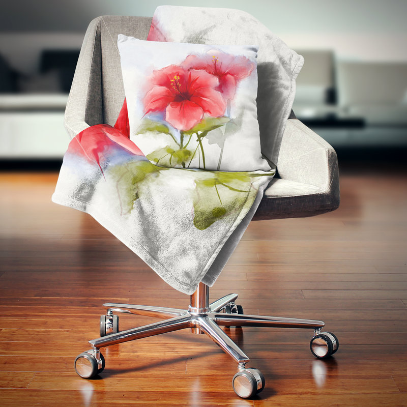 Fleur d'hibiscus rouge aquarelle - coussin imprimé floral, 18 po x 18 po, Coussin décoratif