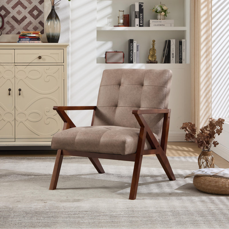 68cm Wide Mid-Century Comfortable Upholstered Accent Chair With Wooden Armrests & Tufted Seat