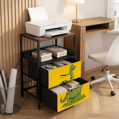 Table de chevet 2 tiroirs avec station de charge, table de chevet pour chambre avec ports USB et amp; Outlets, tablette ouverte noire, table de chevet avec joli dessin de dinosaure jaune