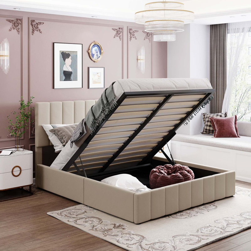 Lit plateforme tapissier avec système de rangement hydraulique, Beige, Bois massif et bois manufacturé